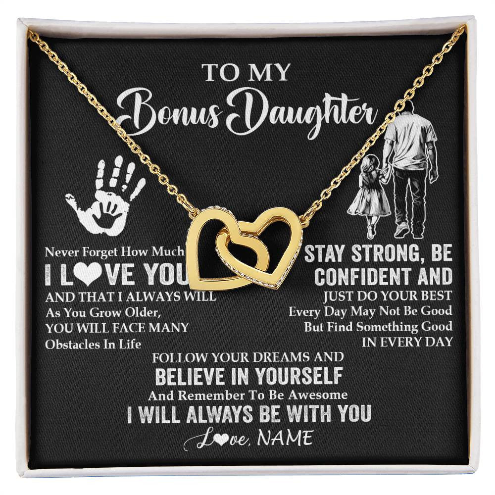 Interlocking Hearts Necklace 18K Yellow Gold Finish | 1 | Personalized To My Bonus Daughter Necklace I Love You Forever From Stepdad Stepdaughter Birthday Gifts Christmas Graduation Customized Gift Box Message Card | teecentury