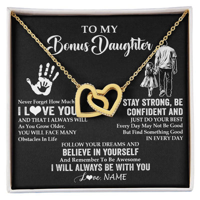Interlocking Hearts Necklace 18K Yellow Gold Finish | 1 | Personalized To My Bonus Daughter Necklace I Love You Forever From Stepdad Stepdaughter Birthday Gifts Christmas Graduation Customized Gift Box Message Card | teecentury
