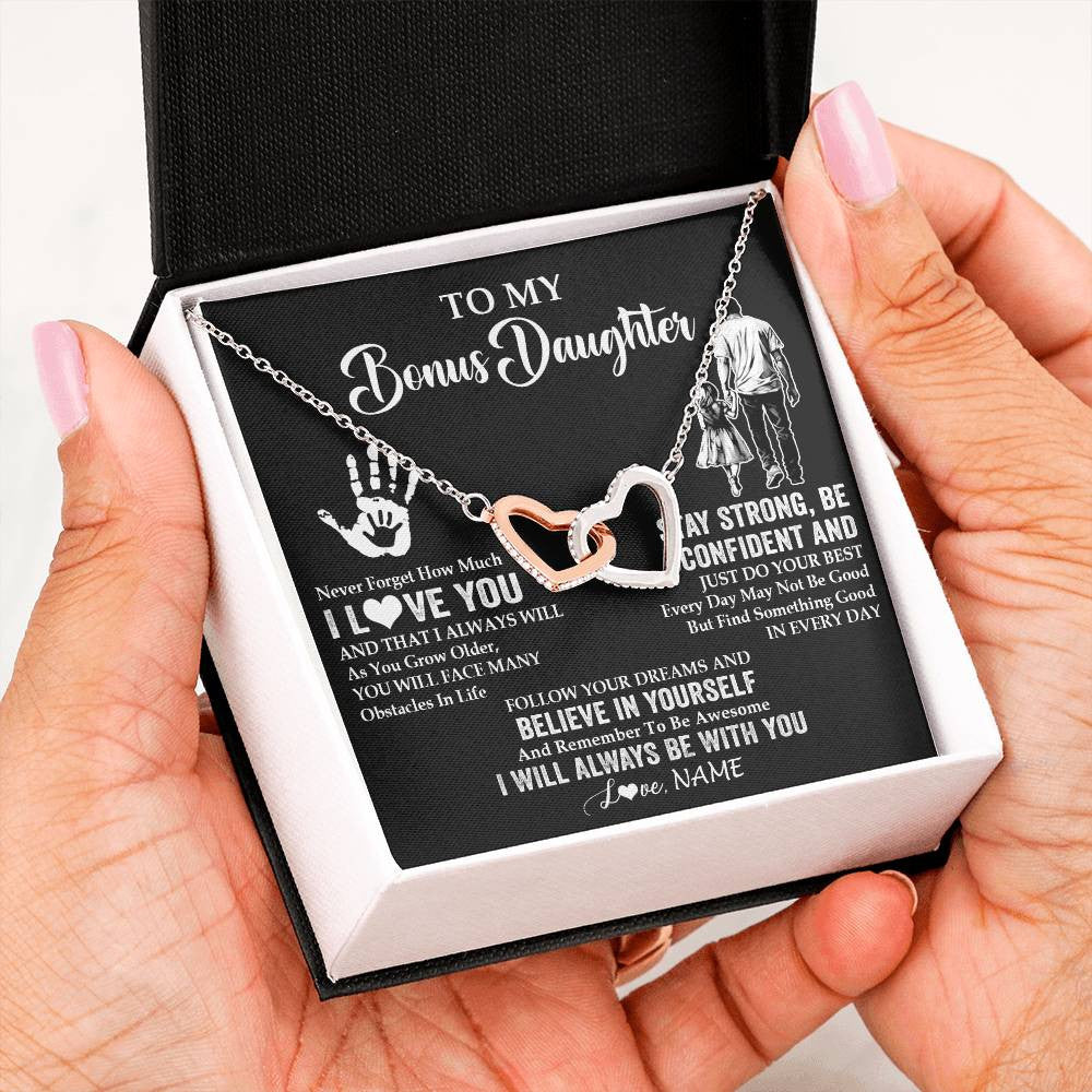 Interlocking Hearts Necklace Stainless Steel & Rose Gold Finish | 2 | Personalized To My Bonus Daughter Necklace I Love You Forever From Stepdad Stepdaughter Birthday Gifts Christmas Graduation Customized Gift Box Message Card | teecentury