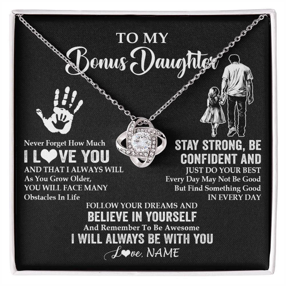 Love Knot Necklace 14K White Gold Finish | 1 | Personalized To My Bonus Daughter Necklace I Love You Forever From Stepdad Stepdaughter Birthday Gifts Christmas Graduation Customized Gift Box Message Card | teecentury