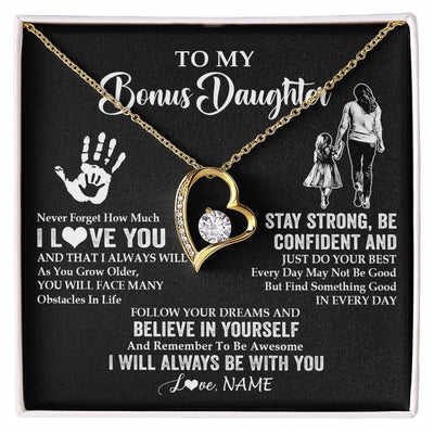 Forever Love Necklace 18K Yellow Gold Finish | 1 | Personalized To My Bonus Daughter Necklace I Love You Forever From Stepmom Stepdaughter Birthday Gifts Christmas Graduation Customized Gift Box Message Card | teecentury