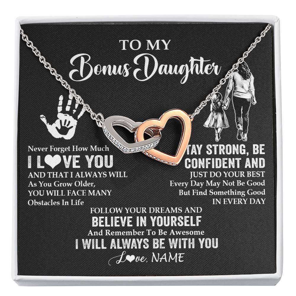 Interlocking Hearts Necklace Stainless Steel & Rose Gold Finish | 1 | Personalized To My Bonus Daughter Necklace I Love You Forever From Stepmom Stepdaughter Birthday Gifts Christmas Graduation Customized Gift Box Message Card | teecentury