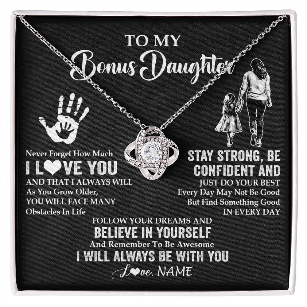 Love Knot Necklace 14K White Gold Finish | 1 | Personalized To My Bonus Daughter Necklace I Love You Forever From Stepmom Stepdaughter Birthday Gifts Christmas Graduation Customized Gift Box Message Card | teecentury
