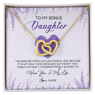 Interlocking Hearts Necklace 18K Yellow Gold Finish | Personalized To My Bonus Daughter Necklace The Bond Between Us Is An Eternal Future Step Daughter Jewelry Birthday Christmas Customized Gift Box Message Card | teecentury