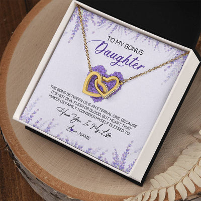 Interlocking Hearts Necklace 18K Yellow Gold Finish | Personalized To My Bonus Daughter Necklace The Bond Between Us Is An Eternal Future Step Daughter Jewelry Birthday Christmas Customized Gift Box Message Card | teecentury