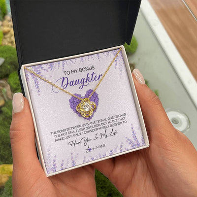 Love Knot Necklace 18K Yellow Gold Finish | Personalized To My Bonus Daughter Necklace The Bond Between Us Is An Eternal Future Step Daughter Jewelry Birthday Christmas Customized Gift Box Message Card | teecentury