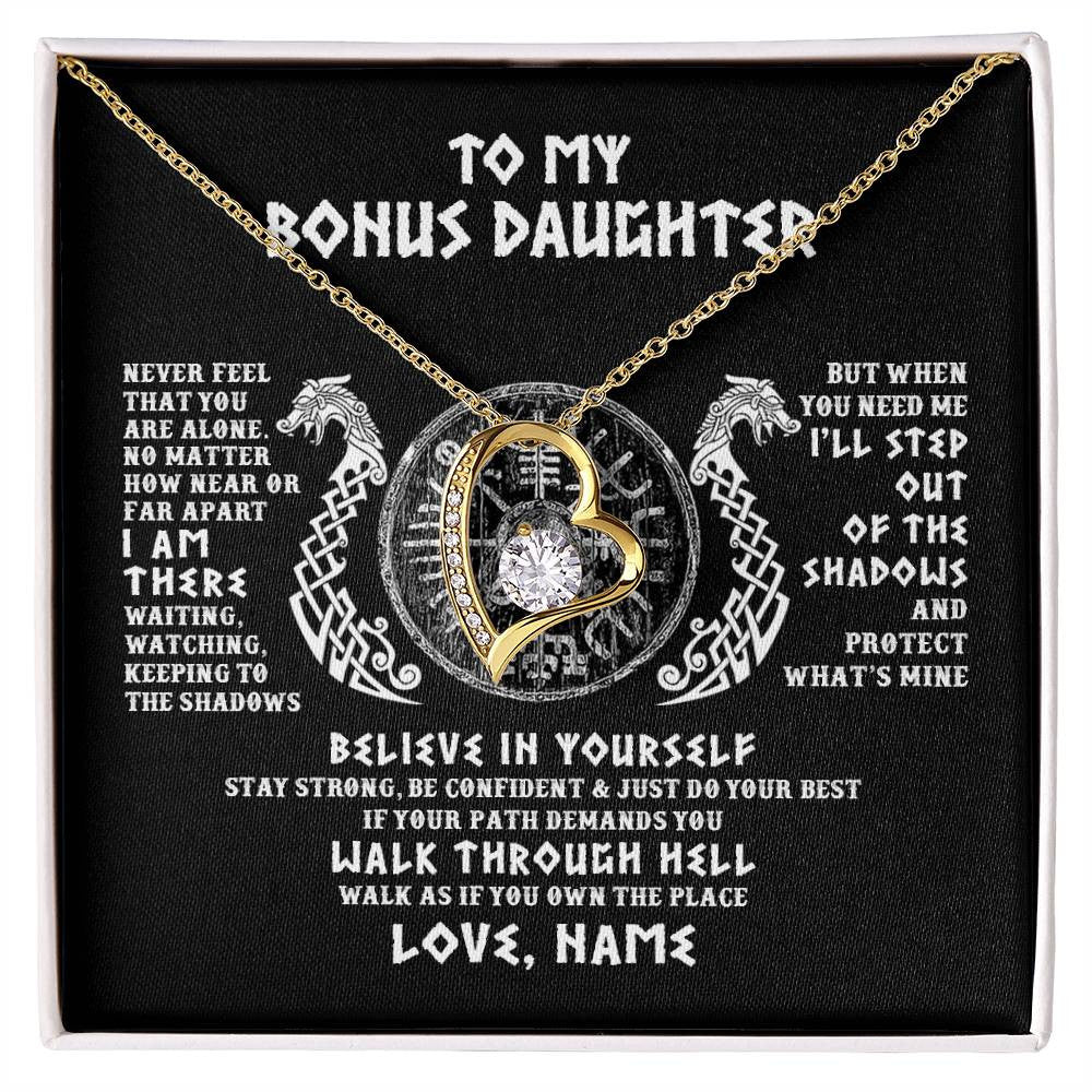 Forever Love Necklace 18K Yellow Gold Finish | 1 | Personalized To My Bonus Daughter Necklace Viking Never Feel You Are Alone Odin Scandinavian Norse Runes Birthday Christmas Customized Gift Box Message Card | teecentury