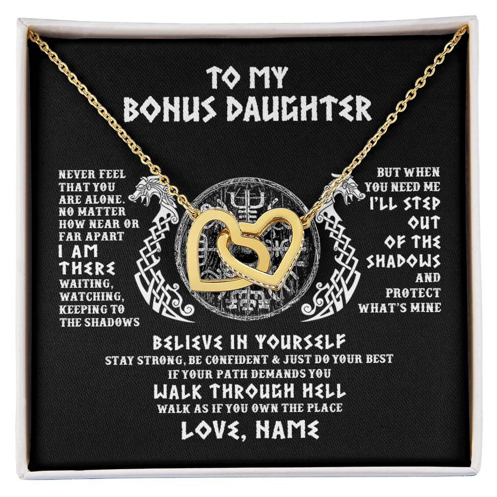 Interlocking Hearts Necklace 18K Yellow Gold Finish | 1 | Personalized To My Bonus Daughter Necklace Viking Never Feel You Are Alone Odin Scandinavian Norse Runes Birthday Christmas Customized Gift Box Message Card | teecentury
