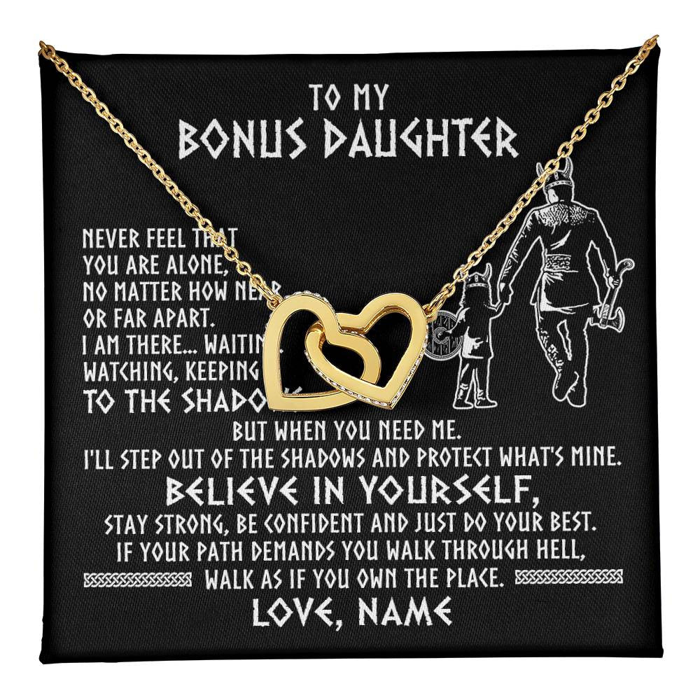 Interlocking Hearts Necklace 18K Yellow Gold Finish | 1 | Personalized To My Bonus Daughter Necklace Viking Never Feel You Are Alone Scandinavian Runes Viking Stepdaughter Christmas Customized Gift Box Message Card | teecentury