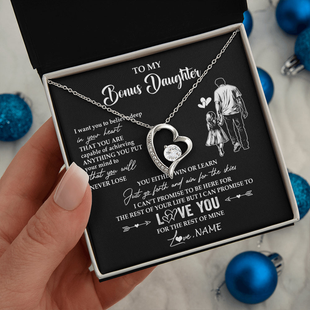 Forever Love Necklace 14K White Gold Finish | 2 | Personalized To My Bonus Daughter Necklace You Will Never Lose From Stepdad Dad Stepdaughter Birthday Gifts Christmas Customized Gift Box Message Card | teecentury