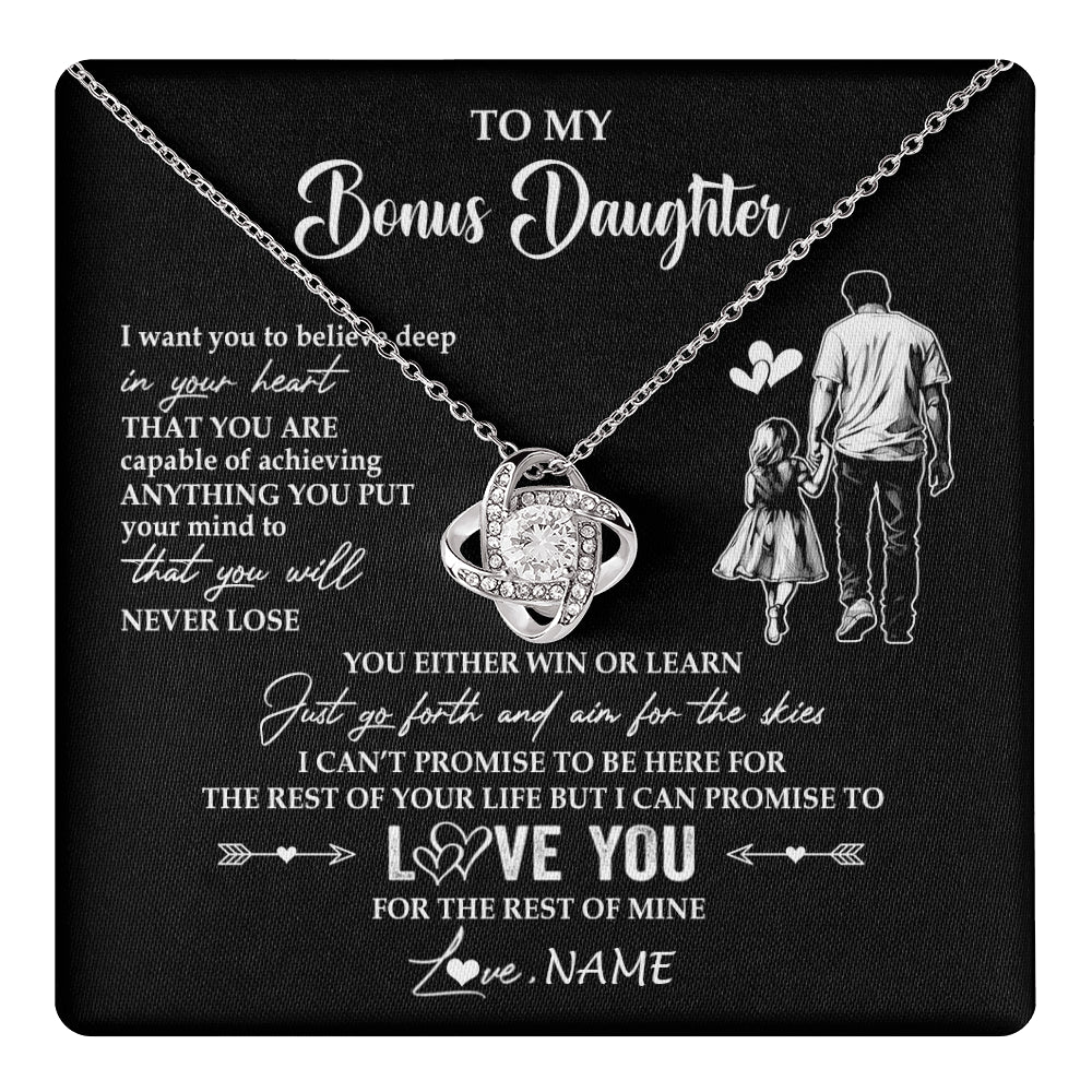 Love Knot Necklace 14K White Gold Finish | 1 | Personalized To My Bonus Daughter Necklace You Will Never Lose From Stepdad Dad Stepdaughter Birthday Gifts Christmas Customized Gift Box Message Card | teecentury