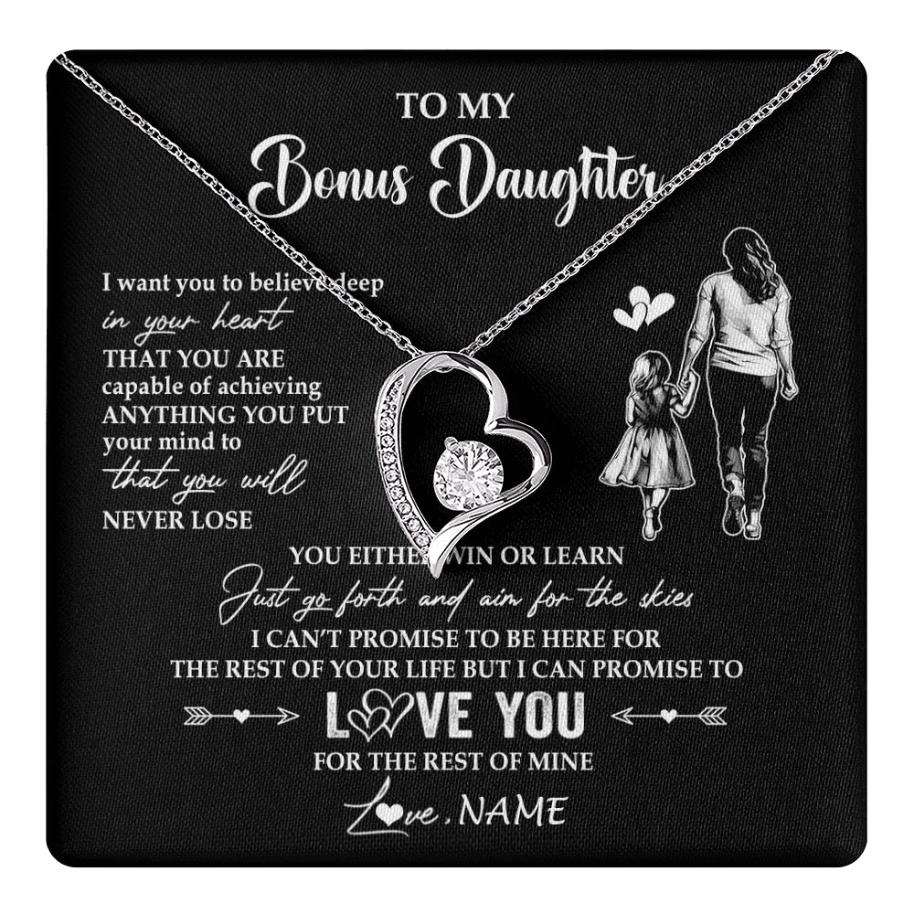 Forever Love Necklace 14K White Gold Finish | 1 | Personalized To My Bonus Daughter Necklace You Will Never Lose From Stepmother Stepdaughter Birthday Gifts Graduation Christmas Gift Box Message Card | teecentury
