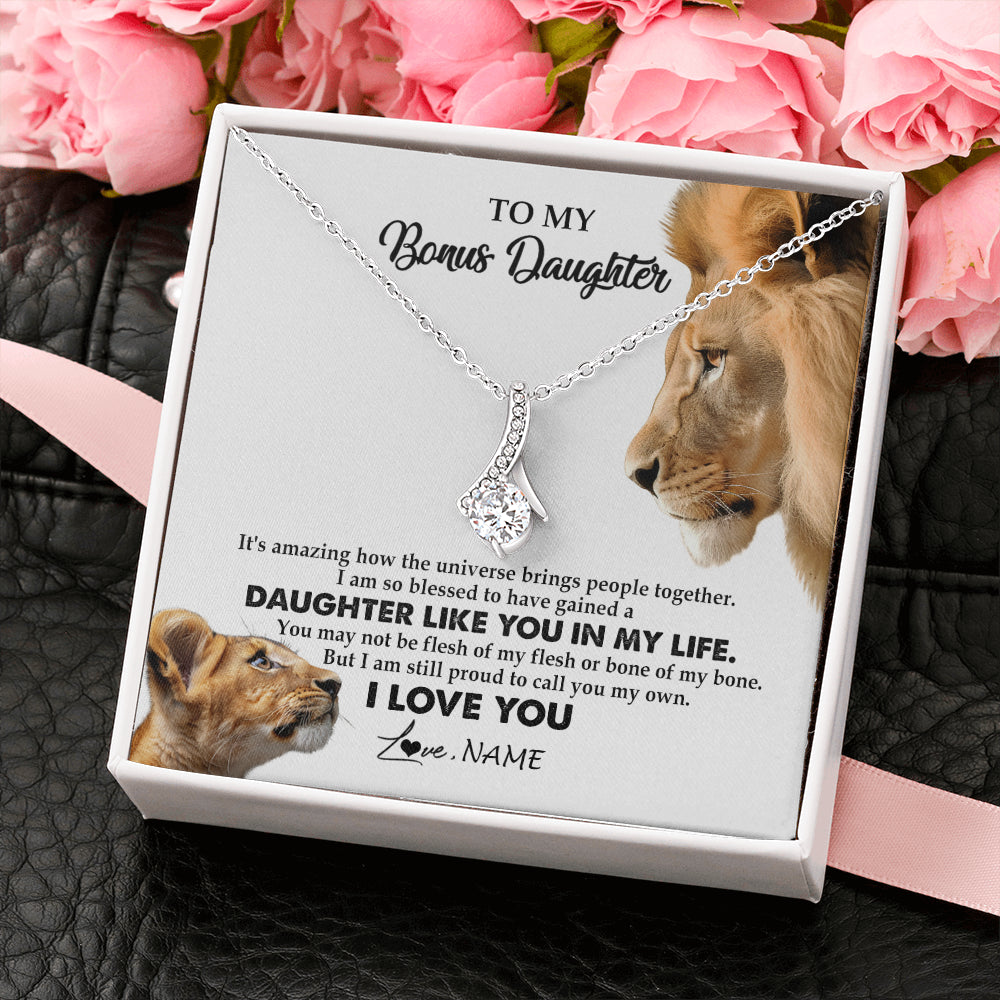Alluring Beauty Necklace 14K White Gold Finish | 2 | Personalized To My Bonus Daughter Necklace from Stepdad Lion I Love You Stepchild Adopted Daughter Birthday Christmas Customized Gift Box Message Card | teecentury
