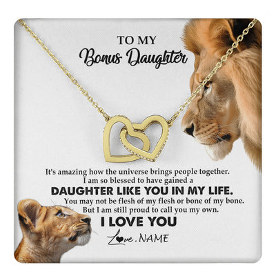 Interlocking Hearts Necklace 18K Yellow Gold Finish | 1 | Personalized To My Bonus Daughter Necklace from Stepdad Lion I Love You Stepchild Adopted Daughter Birthday Christmas Customized Gift Box Message Card | teecentury