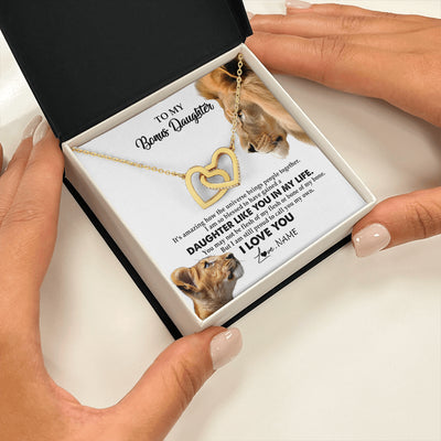 Interlocking Hearts Necklace 18K Yellow Gold Finish | 2 | Personalized To My Bonus Daughter Necklace from Stepdad Lion I Love You Stepchild Adopted Daughter Birthday Christmas Customized Gift Box Message Card | teecentury