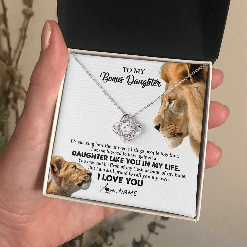 Love Knot Necklace 14K White Gold Finish | 2 | Personalized To My Bonus Daughter Necklace from Stepdad Lion I Love You Stepchild Adopted Daughter Birthday Christmas Customized Gift Box Message Card | teecentury