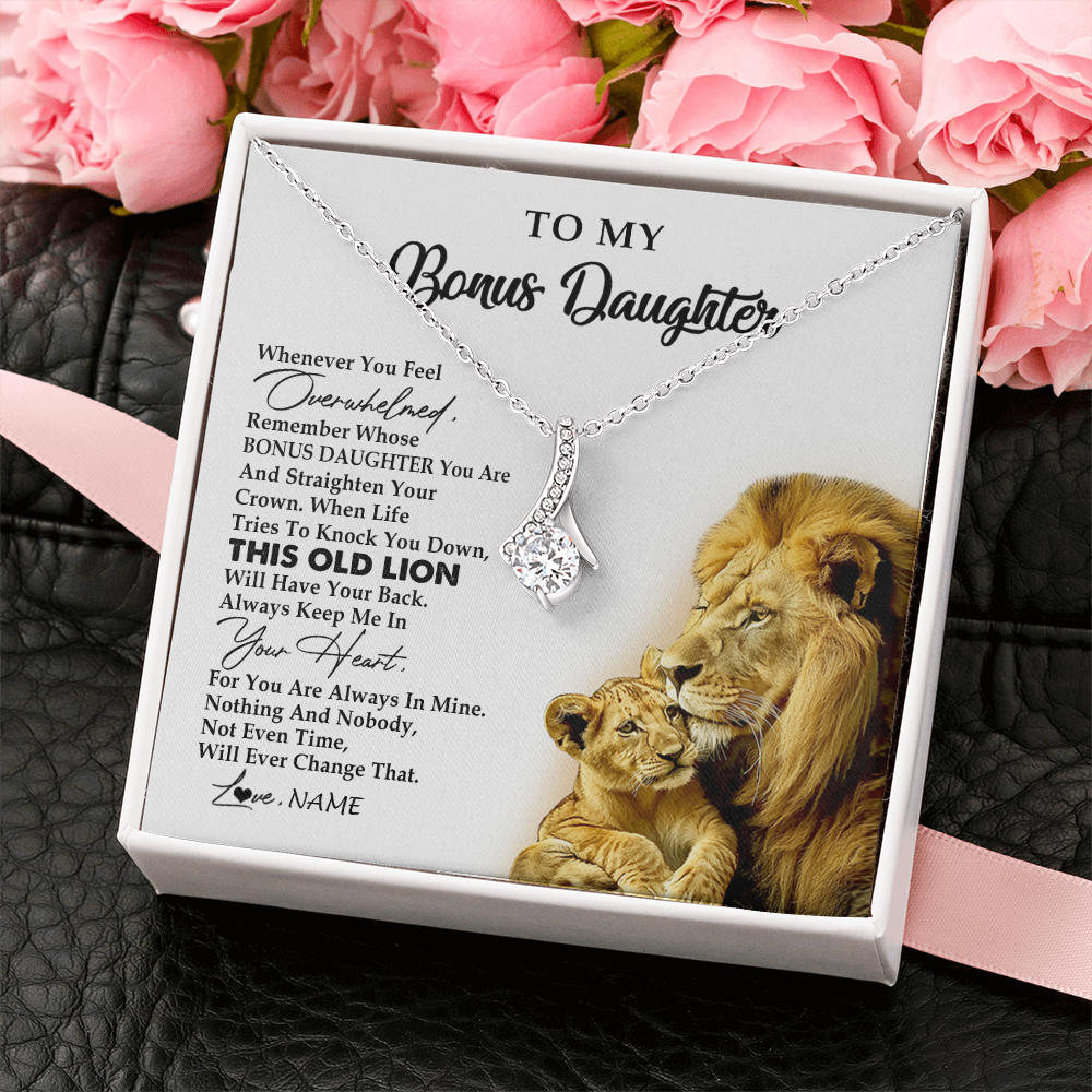 Alluring Beauty Necklace 14K White Gold Finish | 2 | Personalized To My Bonus Daughter Necklace from Stepdad Whenever You Fell Overwhelmed Lion Stepdaughter Birthday Christmas Customized Gift Box Message Card | teecentury