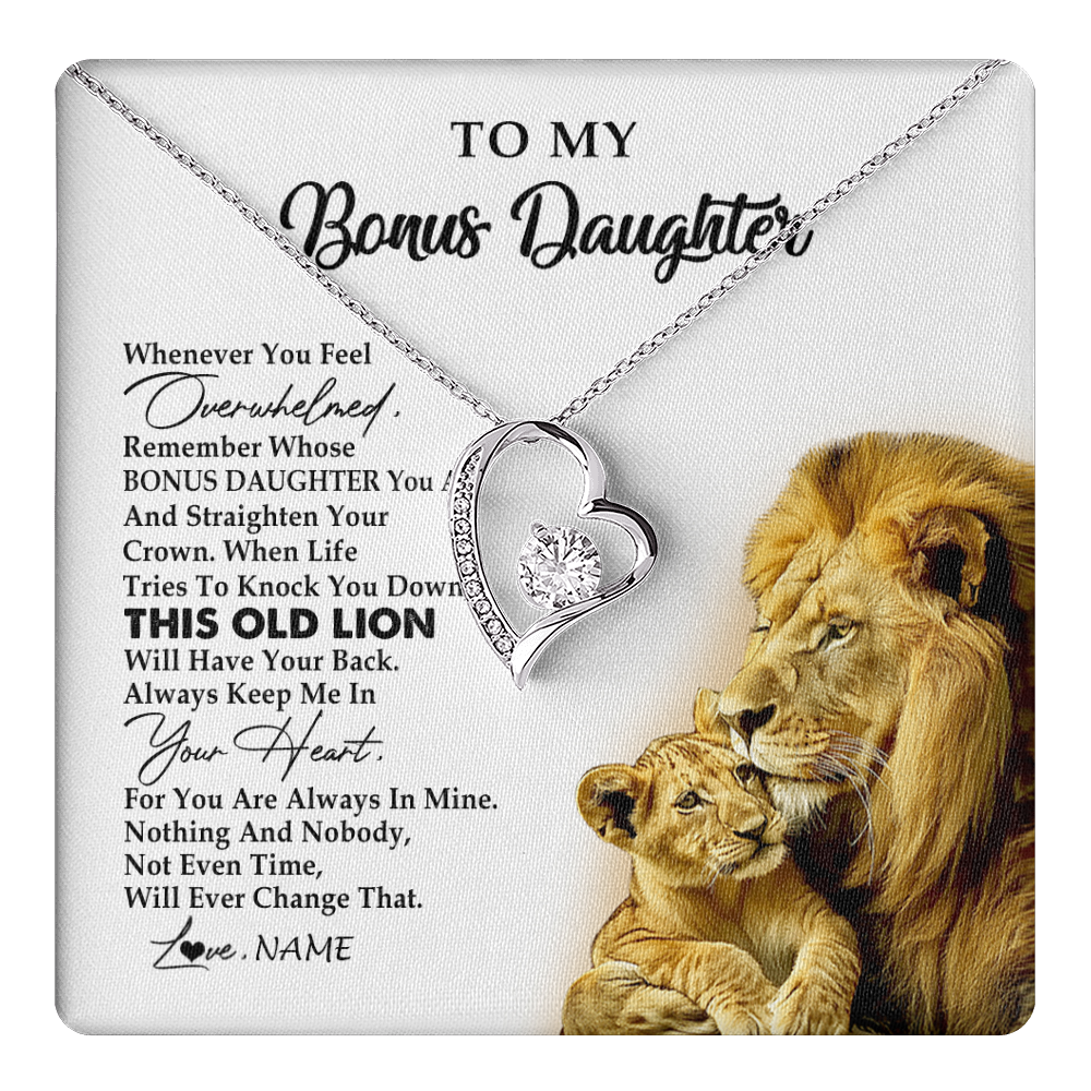 Forever Love Necklace 14K White Gold Finish | 1 | Personalized To My Bonus Daughter Necklace from Stepdad Whenever You Fell Overwhelmed Lion Stepdaughter Birthday Christmas Customized Gift Box Message Card | teecentury