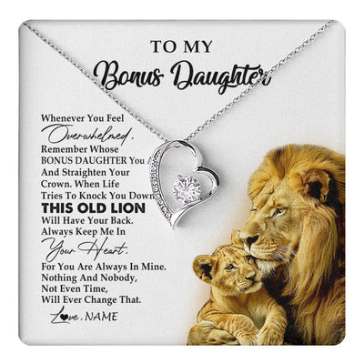 Forever Love Necklace 14K White Gold Finish | 1 | Personalized To My Bonus Daughter Necklace from Stepdad Whenever You Fell Overwhelmed Lion Stepdaughter Birthday Christmas Customized Gift Box Message Card | teecentury
