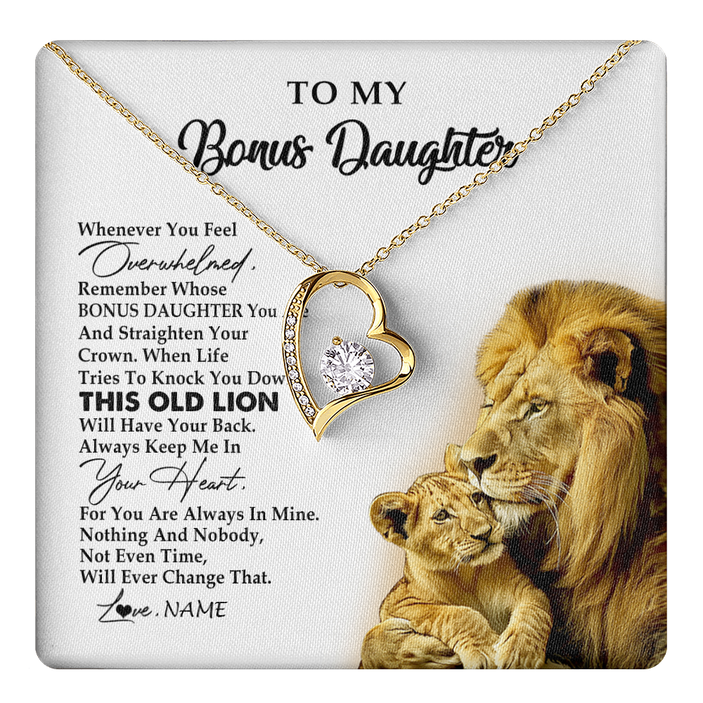 Forever Love Necklace 18K Yellow Gold Finish | 1 | Personalized To My Bonus Daughter Necklace from Stepdad Whenever You Fell Overwhelmed Lion Stepdaughter Birthday Christmas Customized Gift Box Message Card | teecentury