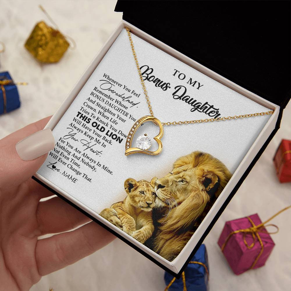 Forever Love Necklace 18K Yellow Gold Finish | 2 | Personalized To My Bonus Daughter Necklace from Stepdad Whenever You Fell Overwhelmed Lion Stepdaughter Birthday Christmas Customized Gift Box Message Card | teecentury