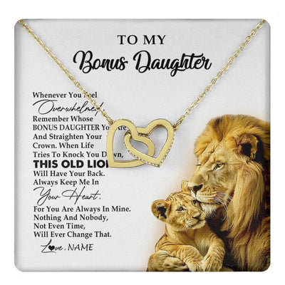 Interlocking Hearts Necklace 18K Yellow Gold Finish | 1 | Personalized To My Bonus Daughter Necklace from Stepdad Whenever You Fell Overwhelmed Lion Stepdaughter Birthday Christmas Customized Gift Box Message Card | teecentury