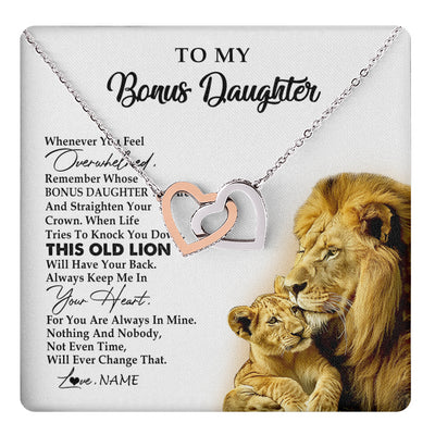 Interlocking Hearts Necklace Stainless Steel & Rose Gold Finish | 1 | Personalized To My Bonus Daughter Necklace from Stepdad Whenever You Fell Overwhelmed Lion Stepdaughter Birthday Christmas Customized Gift Box Message Card | teecentury