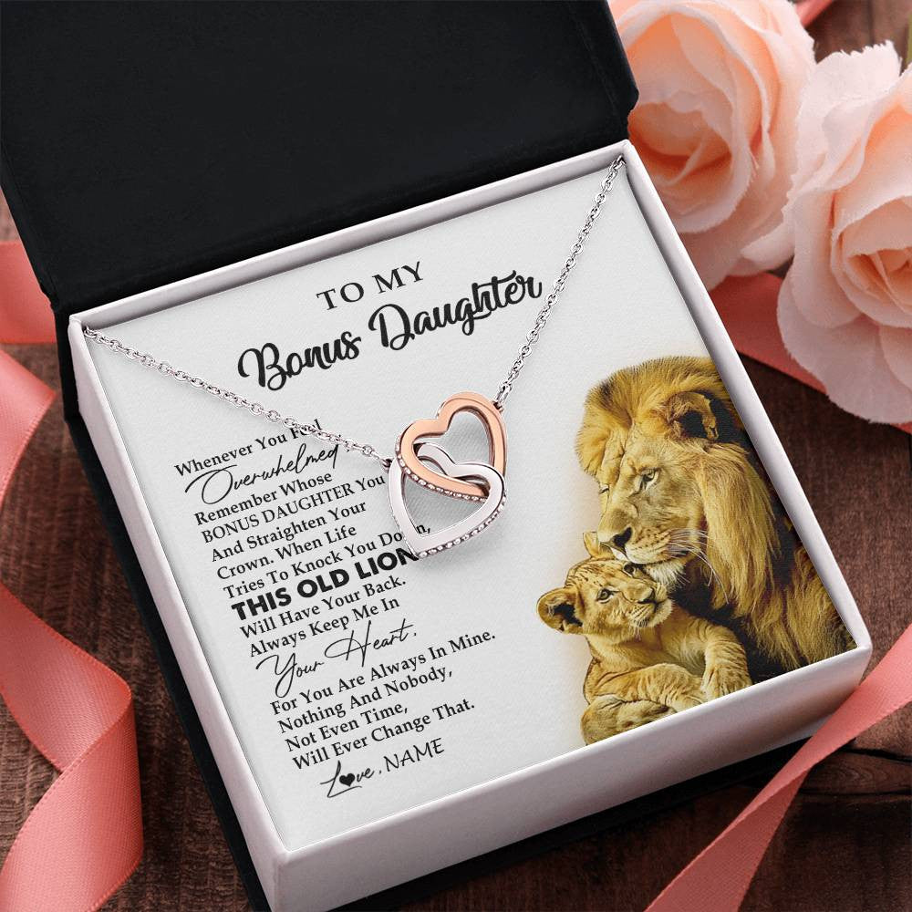 Interlocking Hearts Necklace Stainless Steel & Rose Gold Finish | 2 | Personalized To My Bonus Daughter Necklace from Stepdad Whenever You Fell Overwhelmed Lion Stepdaughter Birthday Christmas Customized Gift Box Message Card | teecentury