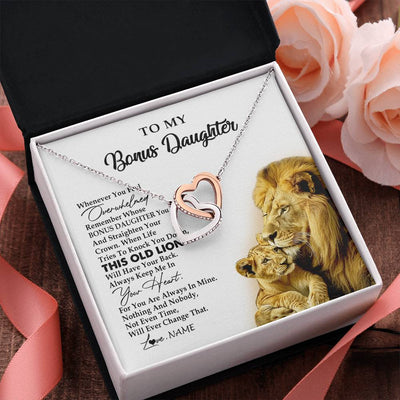 Interlocking Hearts Necklace Stainless Steel & Rose Gold Finish | 2 | Personalized To My Bonus Daughter Necklace from Stepdad Whenever You Fell Overwhelmed Lion Stepdaughter Birthday Christmas Customized Gift Box Message Card | teecentury