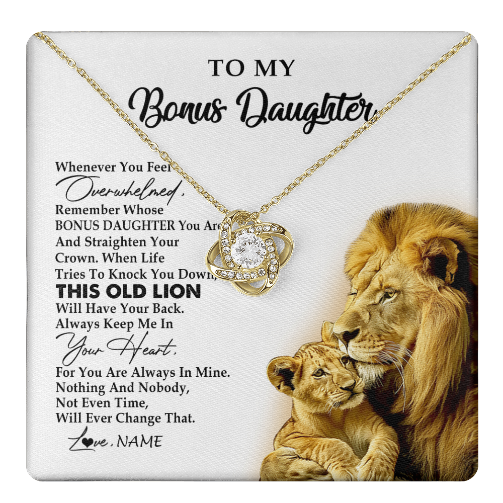 Love Knot Necklace 18K Yellow Gold Finish | 1 | Personalized To My Bonus Daughter Necklace from Stepdad Whenever You Fell Overwhelmed Lion Stepdaughter Birthday Christmas Customized Gift Box Message Card | teecentury
