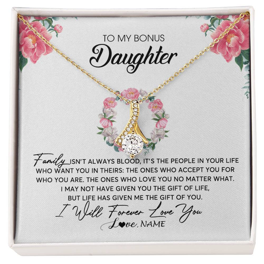Alluring Beauty Necklace 18K Yellow Gold Finish | Personalized To My Bonus Daughter Necklace from Stepmom Family Isn't Always Blood Step Daughter Jewelry Birthday Christmas Customized Gift Box Message Card | teecentury