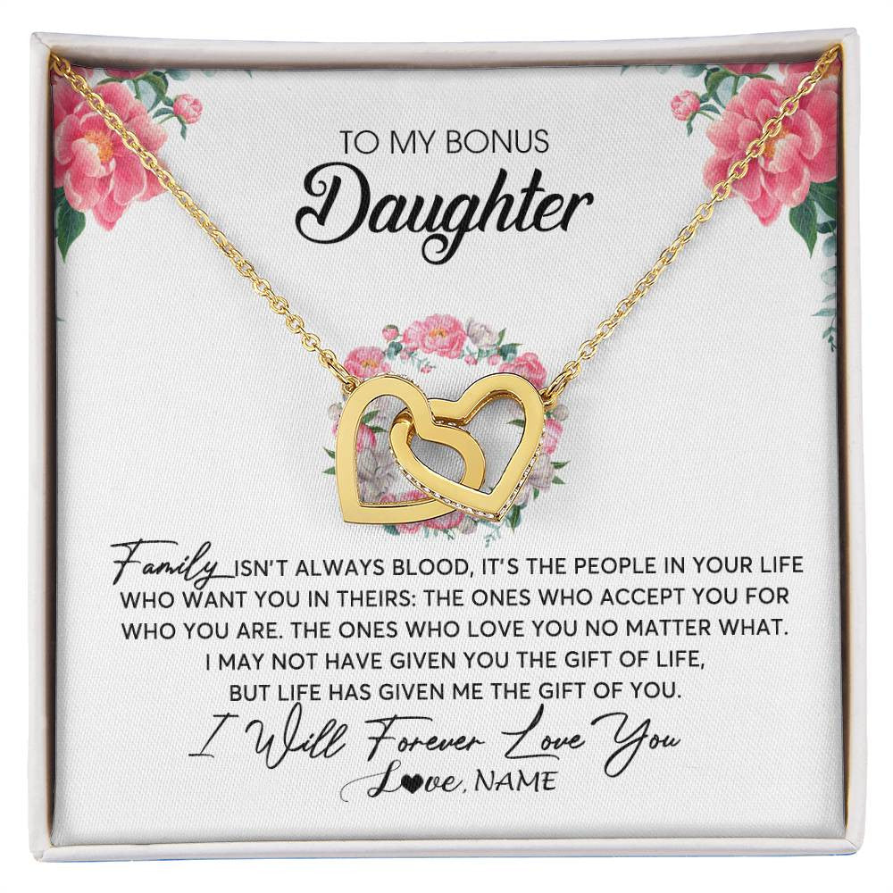 Interlocking Hearts Necklace 18K Yellow Gold Finish | Personalized To My Bonus Daughter Necklace from Stepmom Family Isn't Always Blood Step Daughter Jewelry Birthday Christmas Customized Gift Box Message Card | teecentury