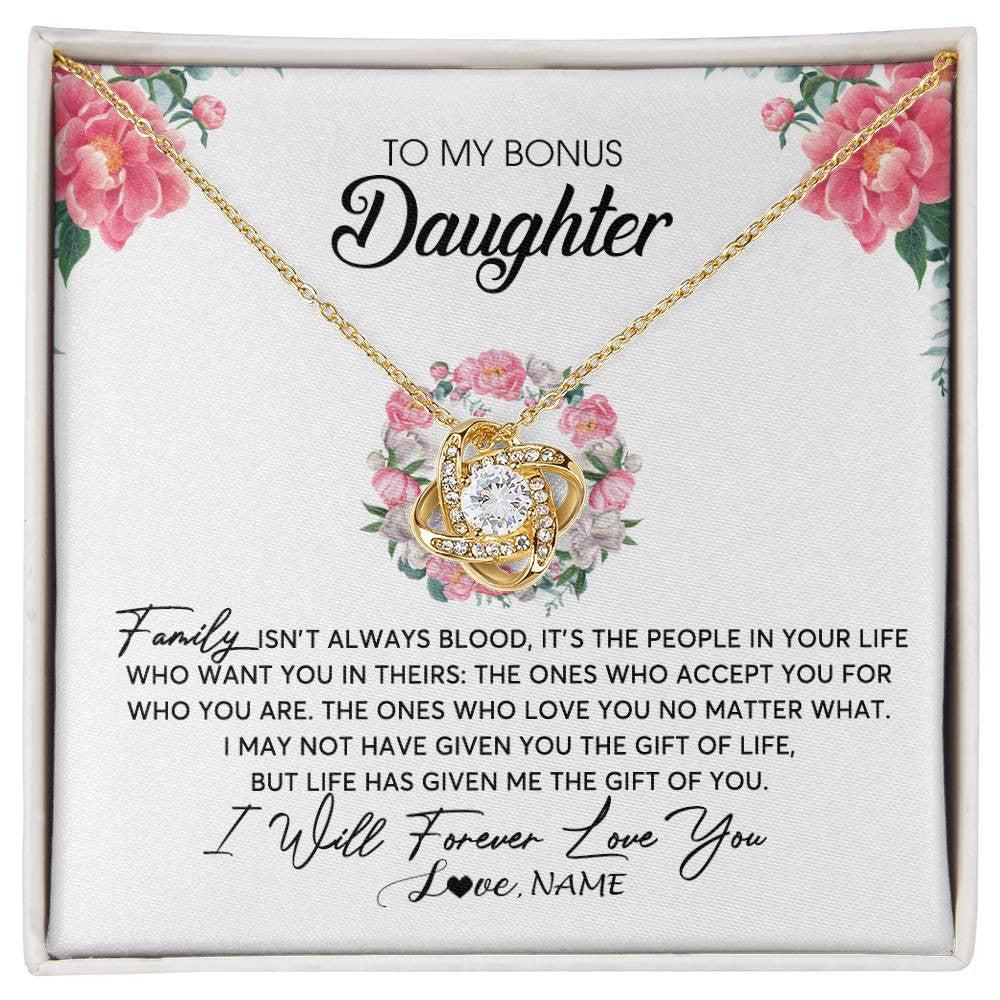 Love Knot Necklace 18K Yellow Gold Finish | Personalized To My Bonus Daughter Necklace from Stepmom Family Isn't Always Blood Step Daughter Jewelry Birthday Christmas Customized Gift Box Message Card | teecentury
