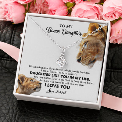 Alluring Beauty Necklace 14K White Gold Finish | 2 | Personalized To My Bonus Daughter Necklace from Stepmom Lion I Love You Stepchild Adopted Daughter Birthday Christmas Customized Gift Box Message Card | teecentury