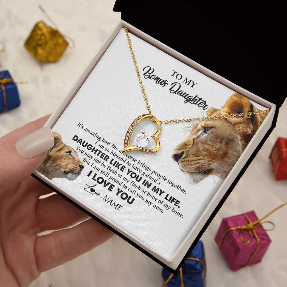 Forever Love Necklace 18K Yellow Gold Finish | 2 | Personalized To My Bonus Daughter Necklace from Stepmom Lion I Love You Stepchild Adopted Daughter Birthday Christmas Customized Gift Box Message Card | teecentury