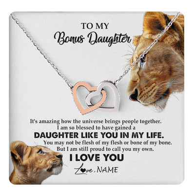 Interlocking Hearts Necklace Stainless Steel & Rose Gold Finish | 1 | Personalized To My Bonus Daughter Necklace from Stepmom Lion I Love You Stepchild Adopted Daughter Birthday Christmas Customized Gift Box Message Card | teecentury