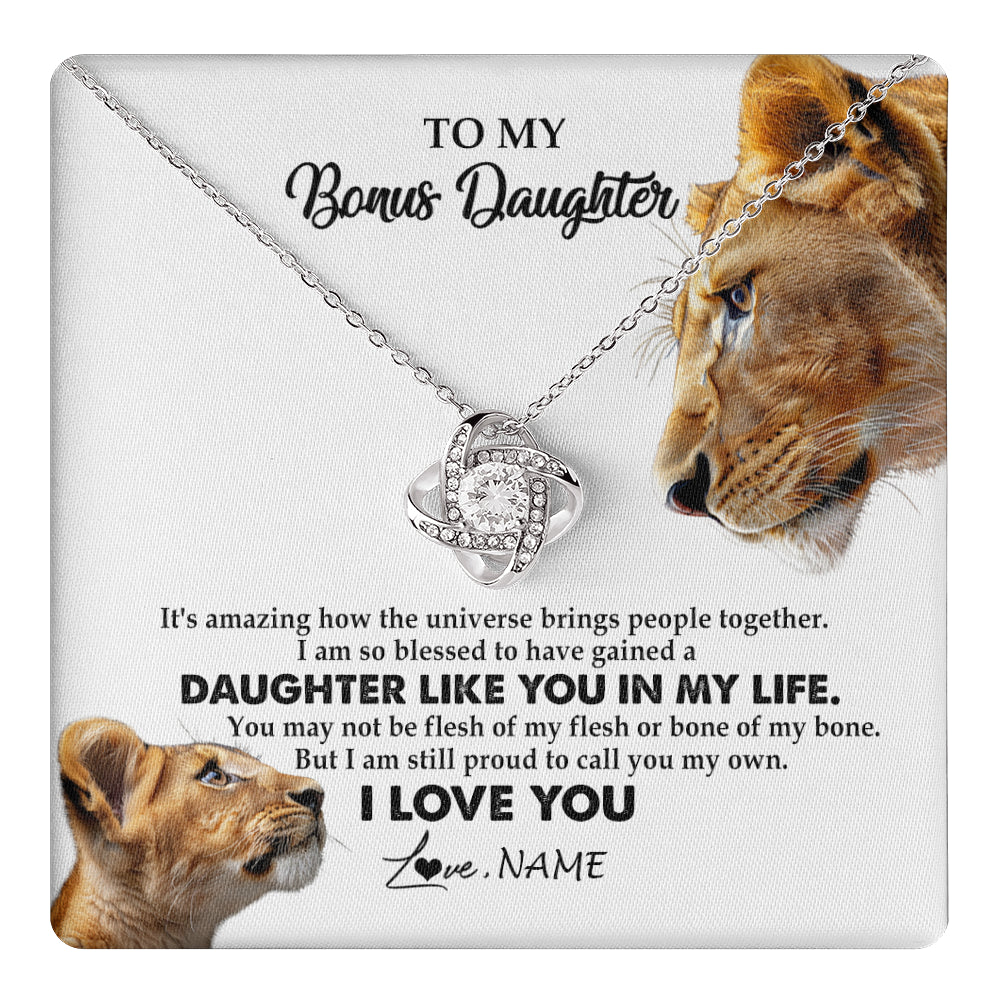 Love Knot Necklace 14K White Gold Finish | 1 | Personalized To My Bonus Daughter Necklace from Stepmom Lion I Love You Stepchild Adopted Daughter Birthday Christmas Customized Gift Box Message Card | teecentury
