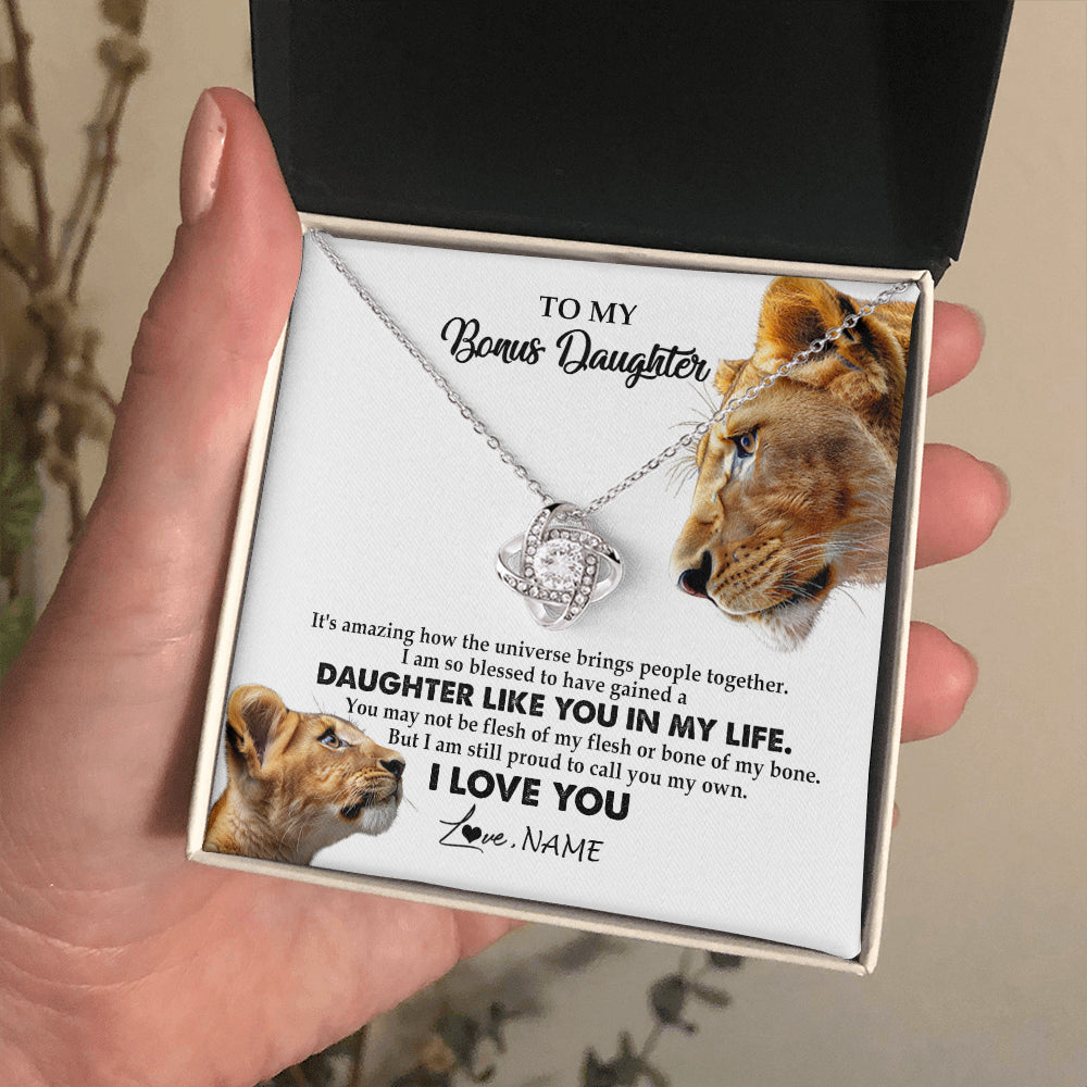 Love Knot Necklace 14K White Gold Finish | 2 | Personalized To My Bonus Daughter Necklace from Stepmom Lion I Love You Stepchild Adopted Daughter Birthday Christmas Customized Gift Box Message Card | teecentury