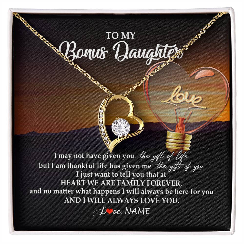 Forever Love Necklace 18K Yellow Gold Finish | Personalized To My Bonus Daughter Necklace from Stepmom Stepdad I Will Always Love You Stepdaughter Jewelry Birthday Wedding Christmas Customized Message Card | teecentury