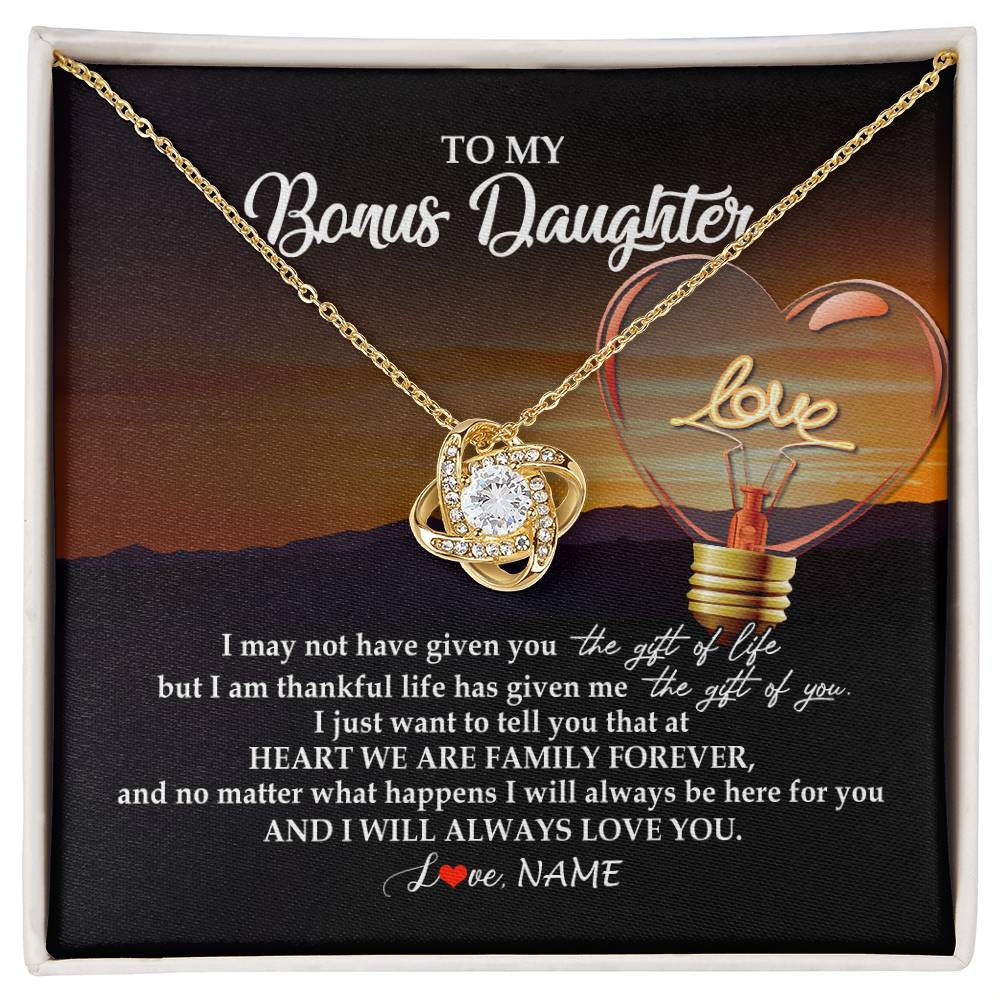 Love Knot Necklace 18K Yellow Gold Finish | Personalized To My Bonus Daughter Necklace from Stepmom Stepdad I Will Always Love You Stepdaughter Jewelry Birthday Wedding Christmas Customized Message Card | teecentury