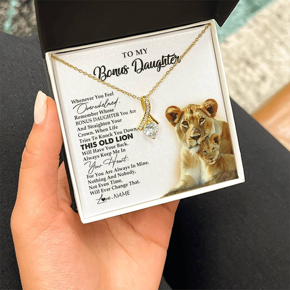 Alluring Beauty Necklace 18K Yellow Gold Finish | 2 | Personalized To My Bonus Daughter Necklace from Stepmom Whenever You Fell Overwhelmed Lion Stepdaughter Birthday Christmas Customized Gift Box Message Card | teecentury