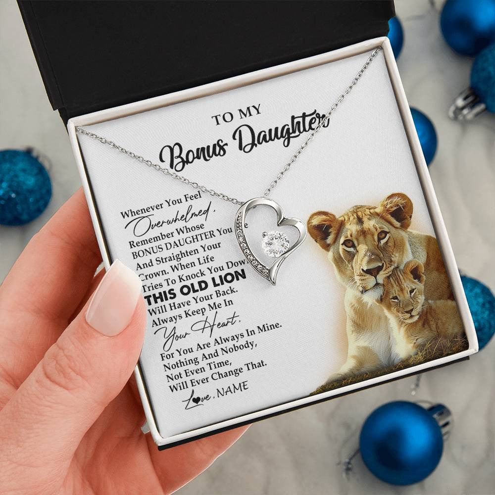 Forever Love Necklace 14K White Gold Finish | 2 | Personalized To My Bonus Daughter Necklace from Stepmom Whenever You Fell Overwhelmed Lion Stepdaughter Birthday Christmas Customized Gift Box Message Card | teecentury