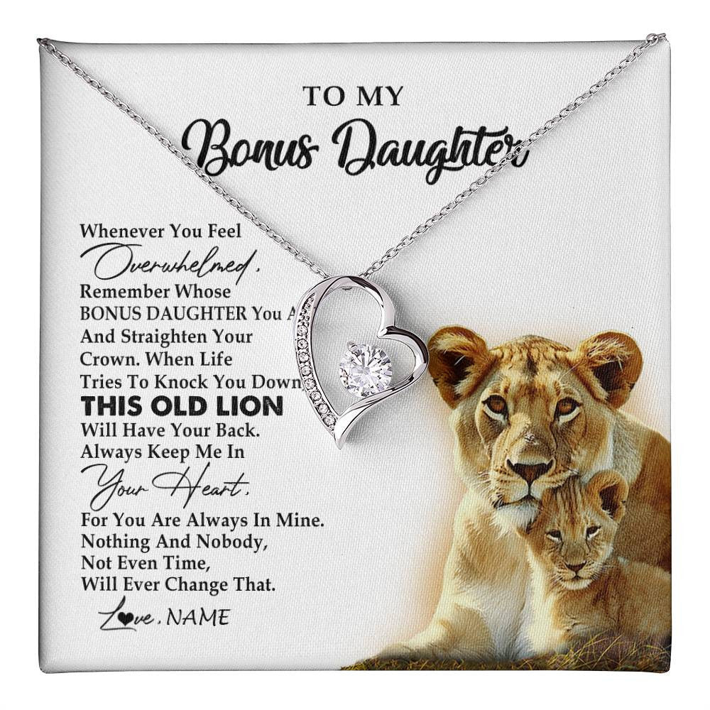Forever Love Necklace 14K White Gold Finish | 1 | Personalized To My Bonus Daughter Necklace from Stepmom Whenever You Fell Overwhelmed Lion Stepdaughter Birthday Christmas Customized Gift Box Message Card | teecentury