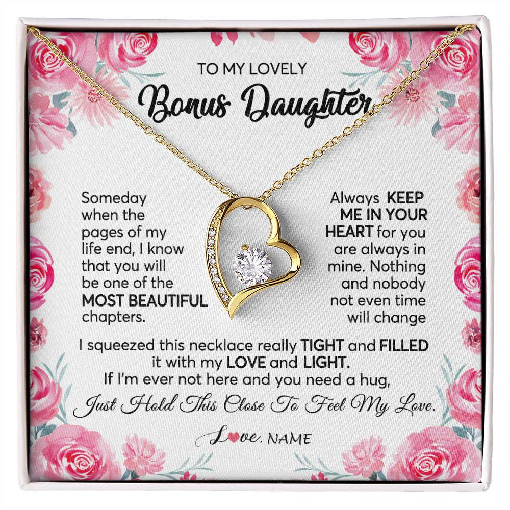 Forever Love Necklace 18K Yellow Gold Finish | 1 | Personalized To My Bonus Daughter Necklace from Stepmother Always Keep Me in Your Heart Stepdaughter Birthday Christmas Customized Gift Box Message Card | teecentury