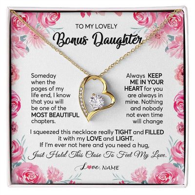 Forever Love Necklace 18K Yellow Gold Finish | 1 | Personalized To My Bonus Daughter Necklace from Stepmother Always Keep Me in Your Heart Stepdaughter Birthday Christmas Customized Gift Box Message Card | teecentury