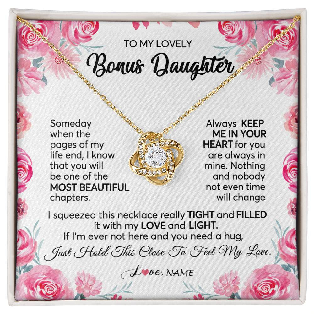 Love Knot Necklace 18K Yellow Gold Finish | 1 | Personalized To My Bonus Daughter Necklace from Stepmother Always Keep Me in Your Heart Stepdaughter Birthday Christmas Customized Gift Box Message Card | teecentury
