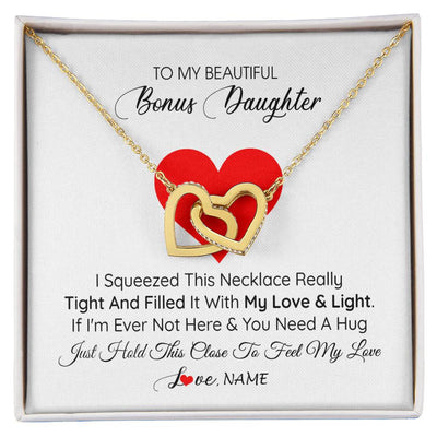 Interlocking Hearts Necklace 18K Yellow Gold Finish | 1 | Personalized To My Bonus Daughter Necklace from Stepmother I Squeezed This Necklace Stepdaughter Birthday Graduation Christmas Customized Gift Box Message Card | teecentury