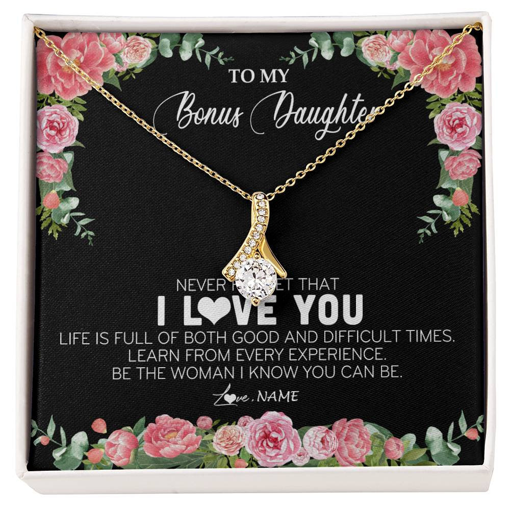 Alluring Beauty Necklace 18K Yellow Gold Finish | Personalized To My Bonus Daughter Necklace from Stepmother Never Forget I Love You Floral Jewelry for Stepdaughter Birthday Christmas Customized Message Card | teecentury