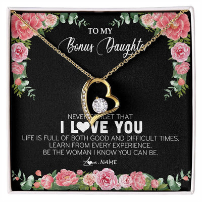 Forever Love Necklace 18K Yellow Gold Finish | Personalized To My Bonus Daughter Necklace from Stepmother Never Forget I Love You Floral Jewelry for Stepdaughter Birthday Christmas Customized Message Card | teecentury