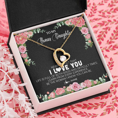 Forever Love Necklace 18K Yellow Gold Finish | Personalized To My Bonus Daughter Necklace from Stepmother Never Forget I Love You Floral Jewelry for Stepdaughter Birthday Christmas Customized Message Card | teecentury